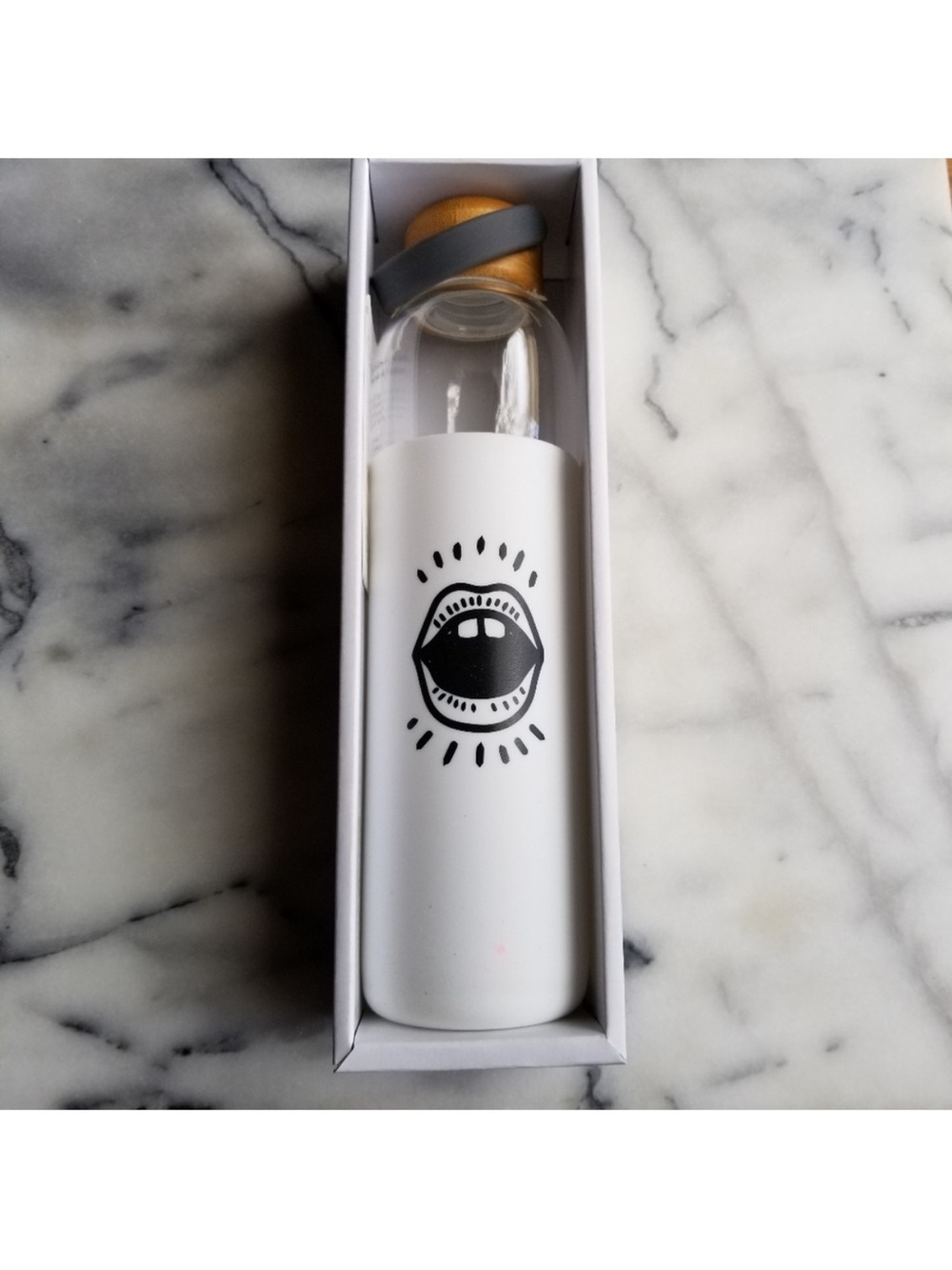 NWT Soma White Glass Water Bottle with Black Lip Graphic and Wooden Cap.